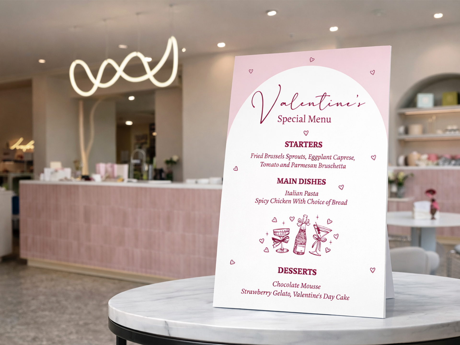 Valentine’s Day special menu table tent in a modern café