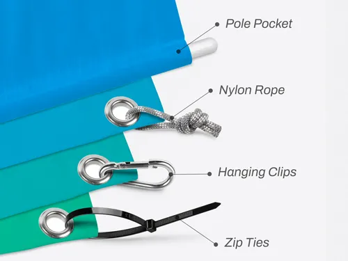 Custom banners accessories featuring zip ties, hanging clips, nylon rope and pole pockets