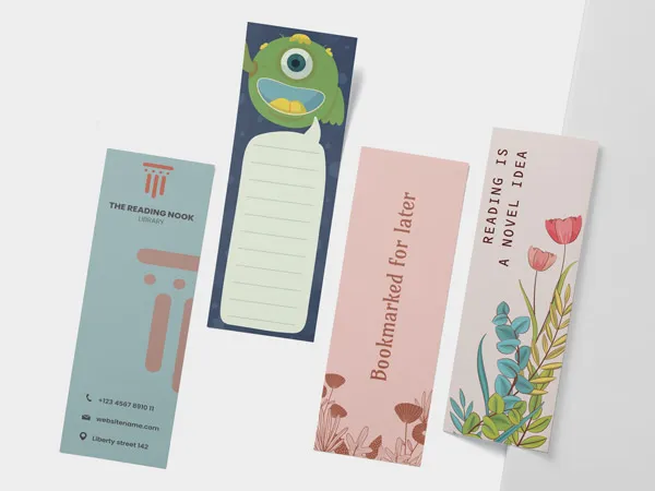 An image of four uniquely designed bookmarks displayed on a white and gray background. 
