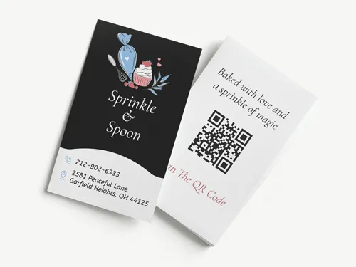 Vertical bakery business cards with baking tools design in black and white