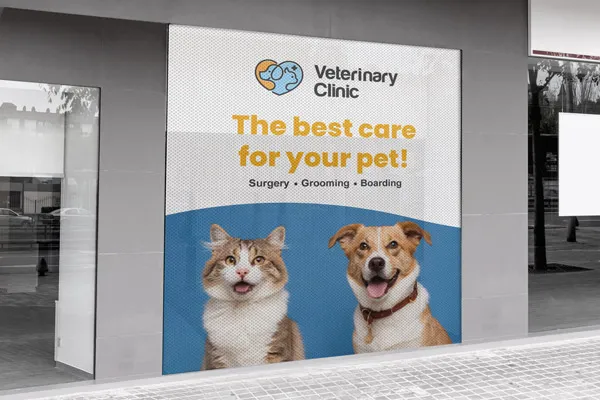 A vet clinic perforated window decal showcasing the clinic's branding and services.