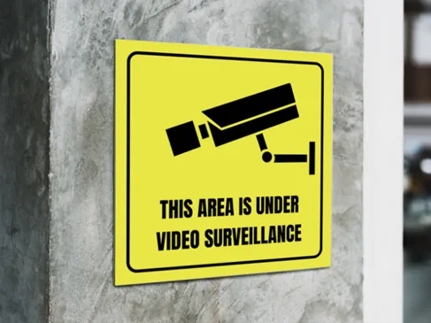 Vibrant video surveillance safety sign featuring a camera