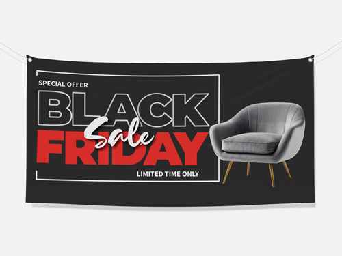 Black Friday sale banner with red text, modern gray chair image, limited time only offer.