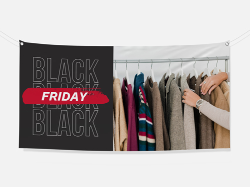 Black Friday custom banner with a bold text on black, clothing rack on white background.
