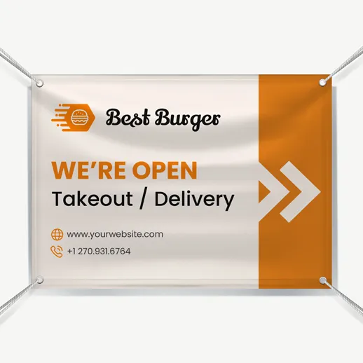 Best Burger We're Open vinyl custom business banner featuring contact details