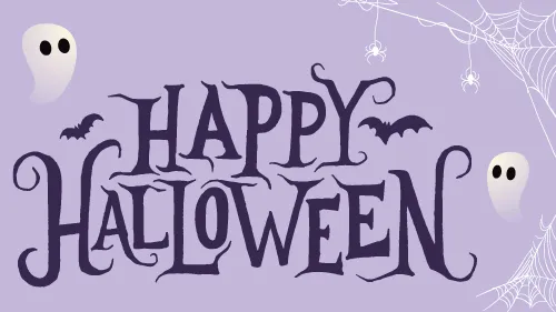 A violet Happy Halloween sign featuring two spooky ghosts and a spider web.