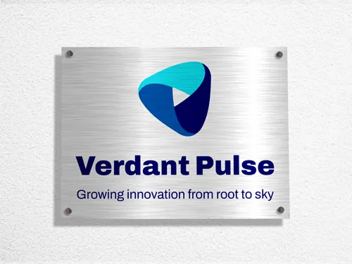 Verdant Pulse brushed aluminum branding sign featuring the logo and reading the company's name.
