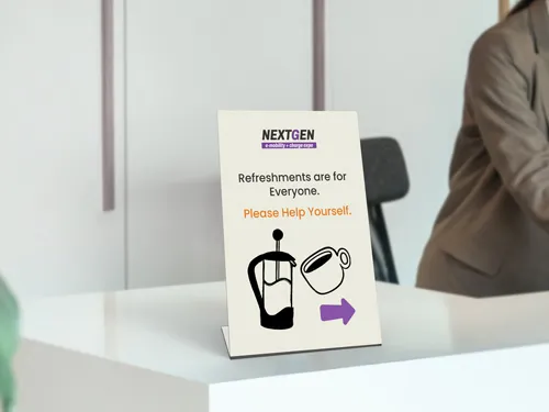 Pedestal sign inviting guests to enjoy refreshments with coffee graphic and right arrow.