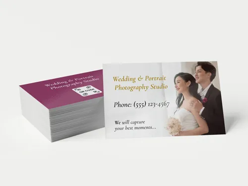 Wedding photography business cards with bride and groom's image and contact information