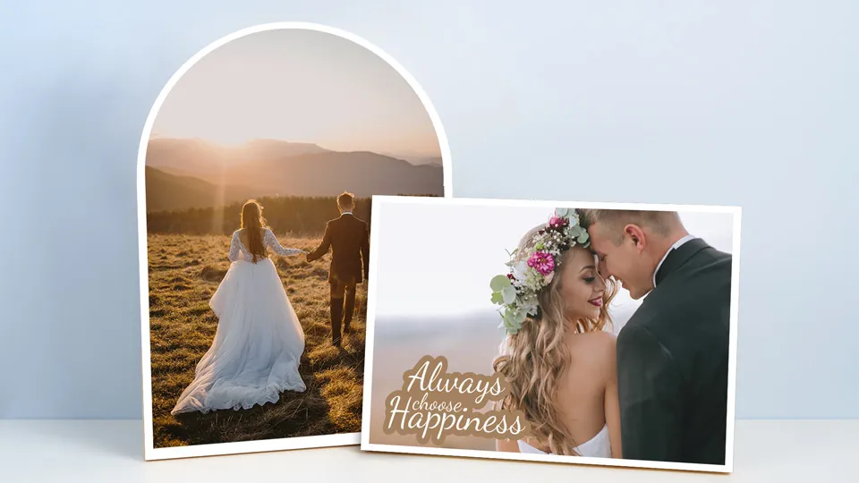 Wedding wood photo prints in outline and rectangle cut placed on the shelf.
