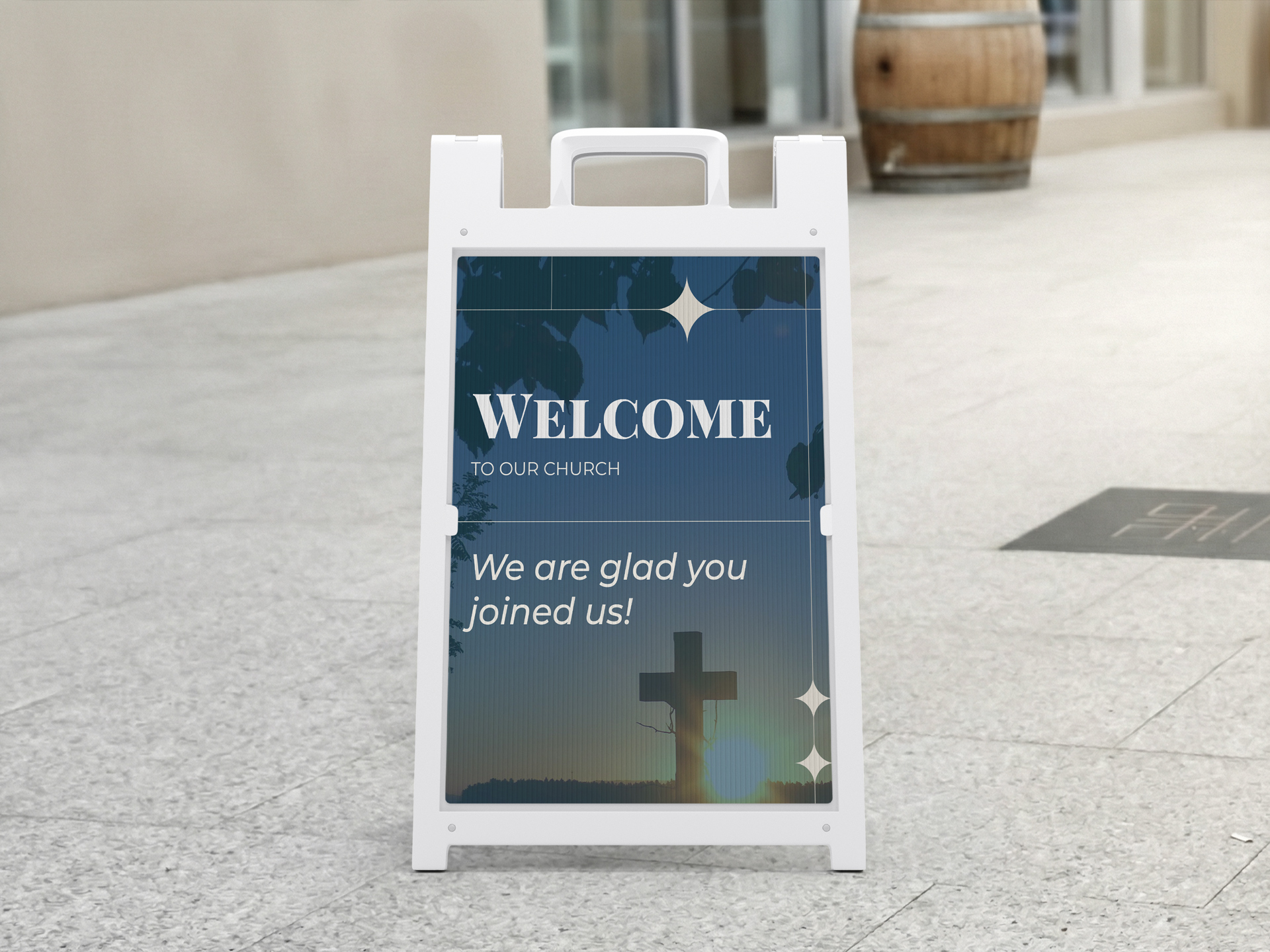 Welcome to Church We're Glad You Joined us church sandwich board outside.