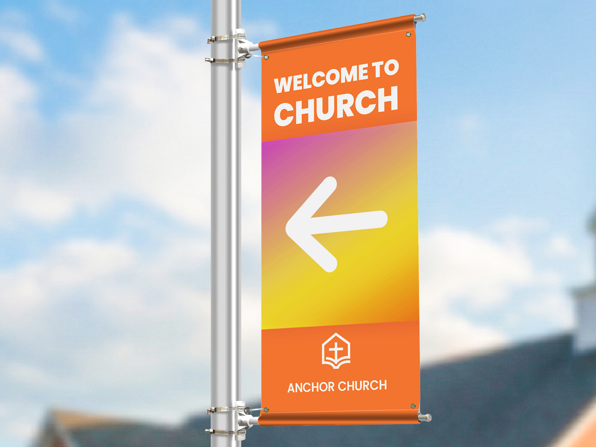Church pole banner with a welcome message and a directional arrow.