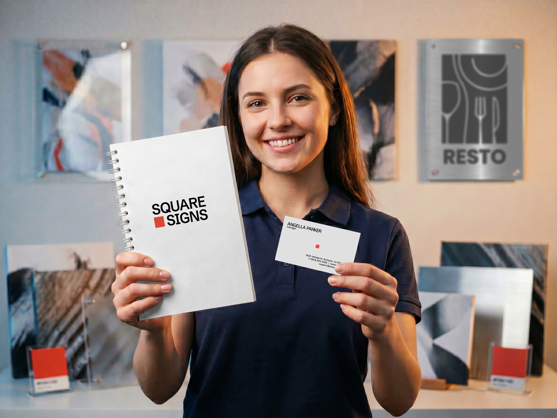 Square Signs team member holding a branded notebook and business card in the company showroom