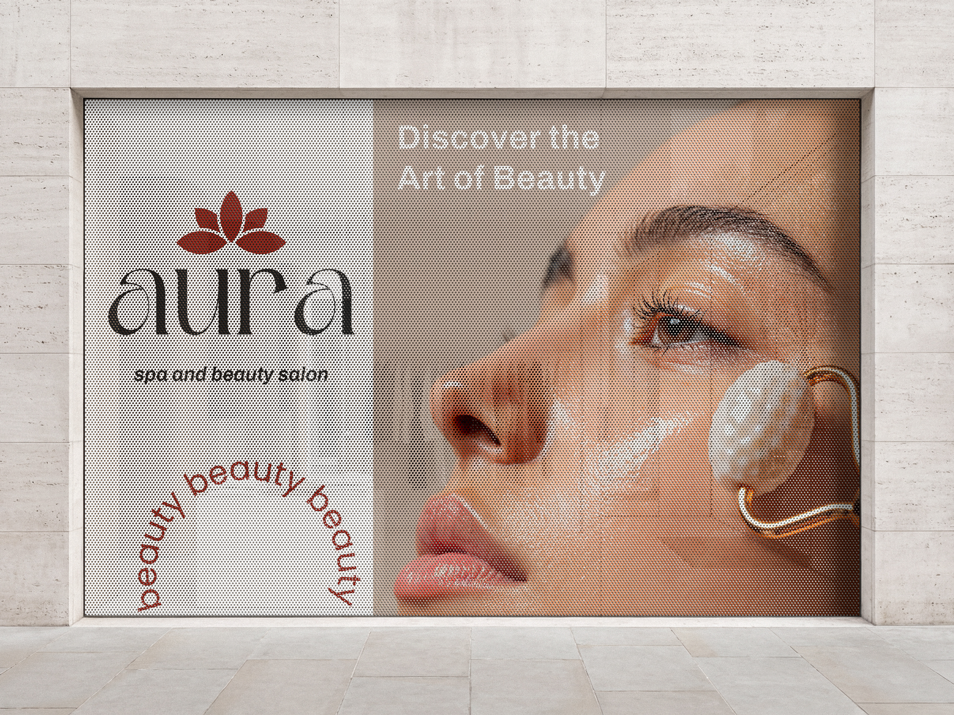 Spa and beauty salon window decal featuring business logo printed with perforated material.
