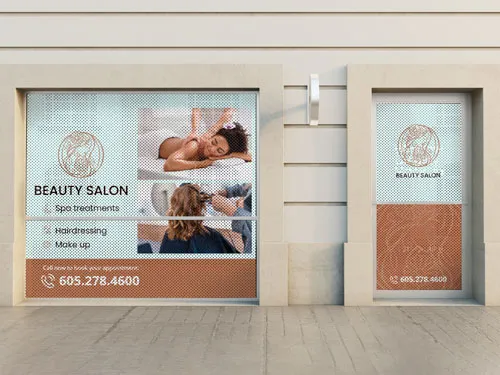 Beauty salon window decal with a perforated finish showcasing services and contact details
