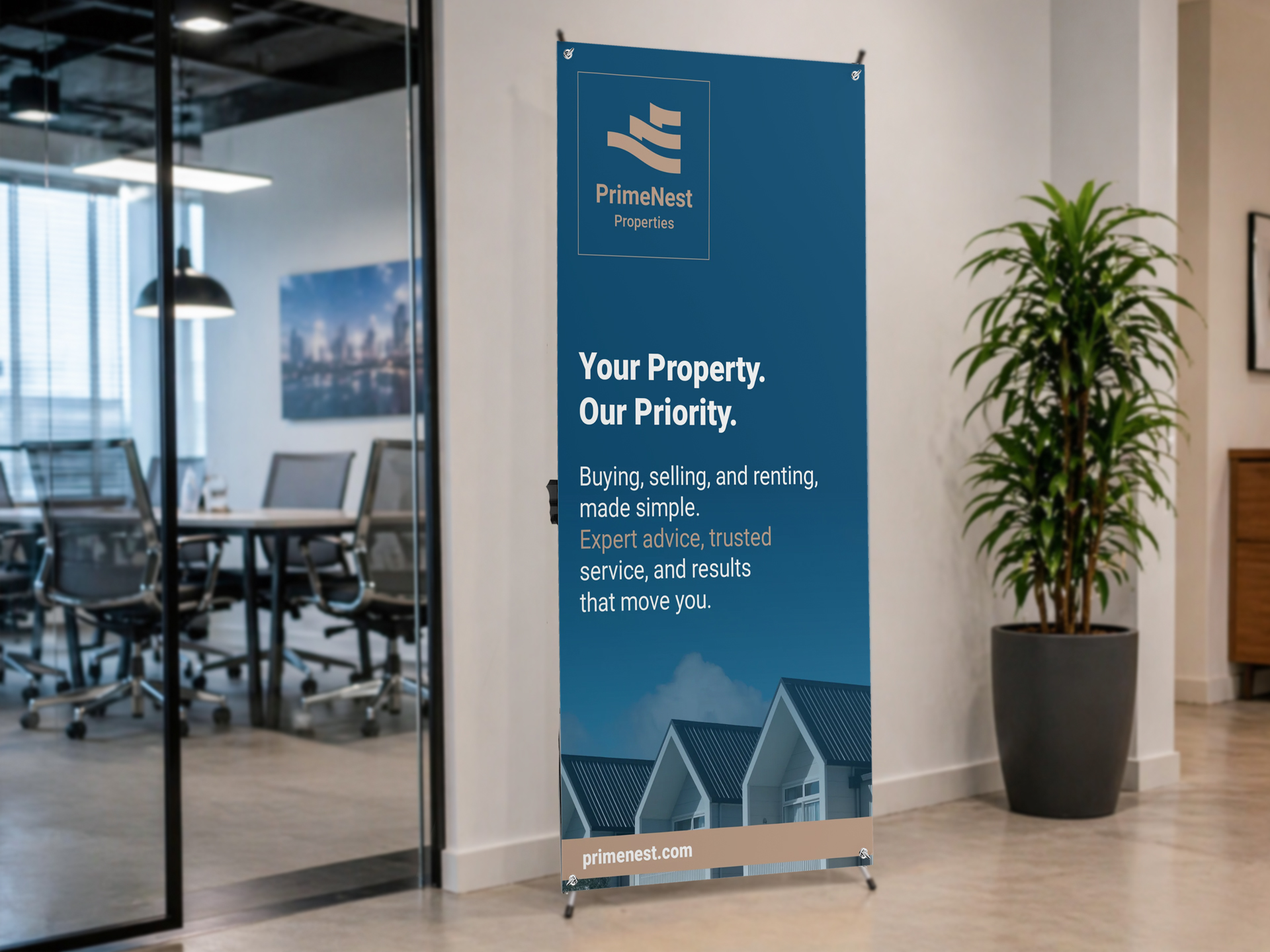 x frame sign featuring real estate company branding