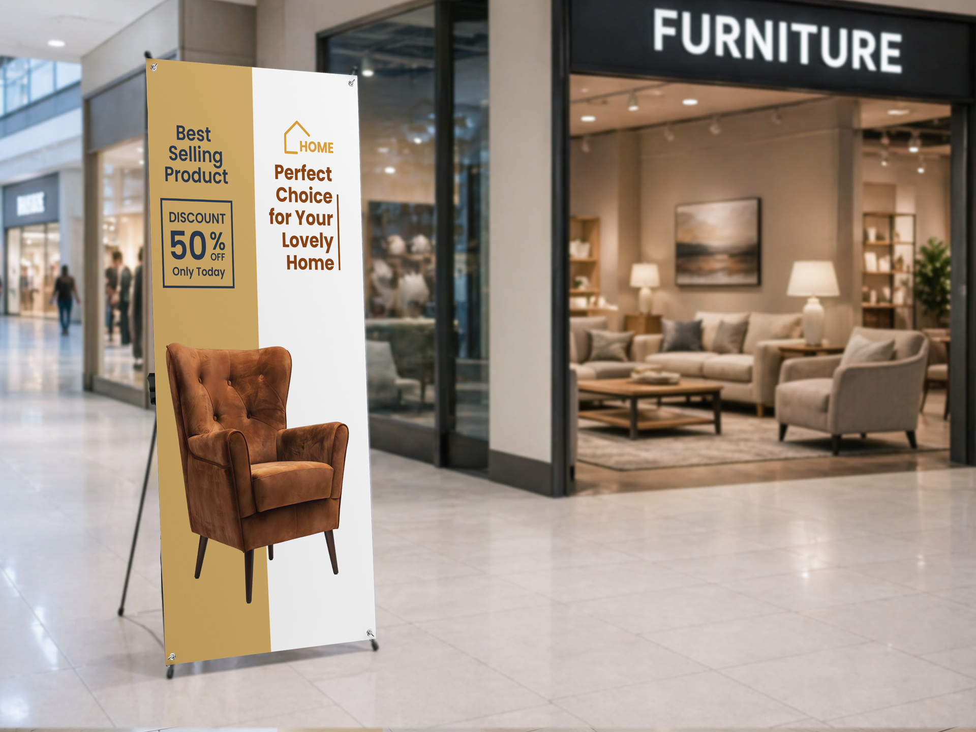 retail x-frame banner communicating 50% off promotio