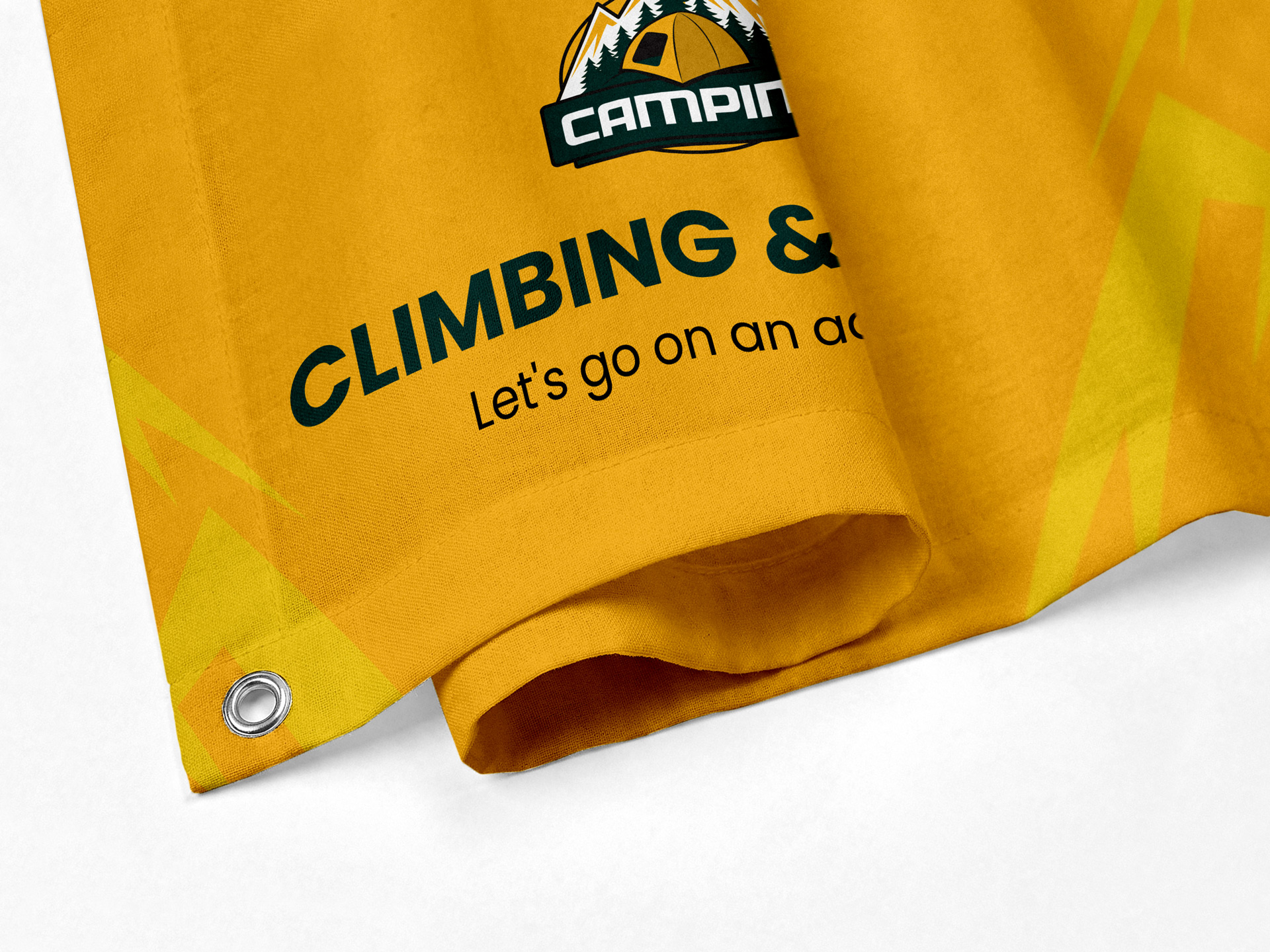 An orange fabric banner featuring a camping logo at the top.