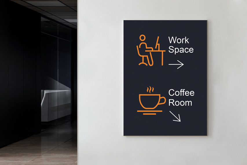 Black and Orange Wayfinding Wooden Sign