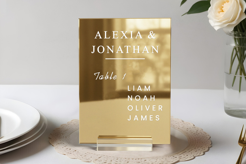 Golden acrylic table sign for wedding