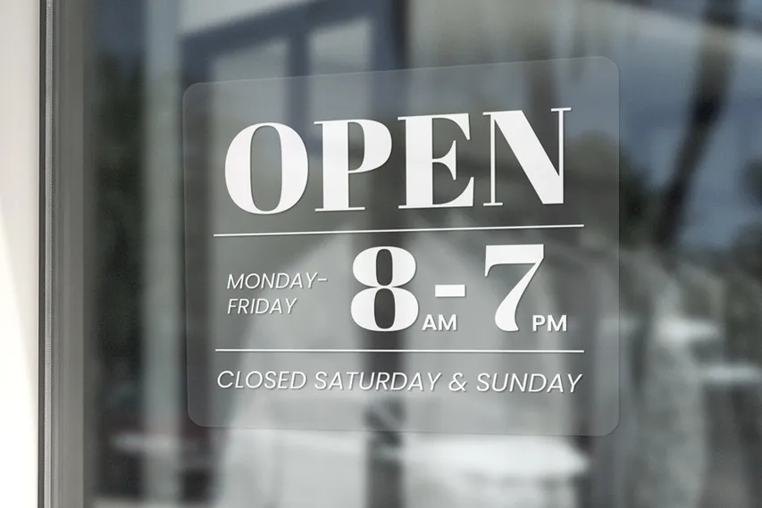 Open Hours Clear Window Cling