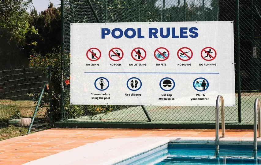 Pool rules hanging mesh banner