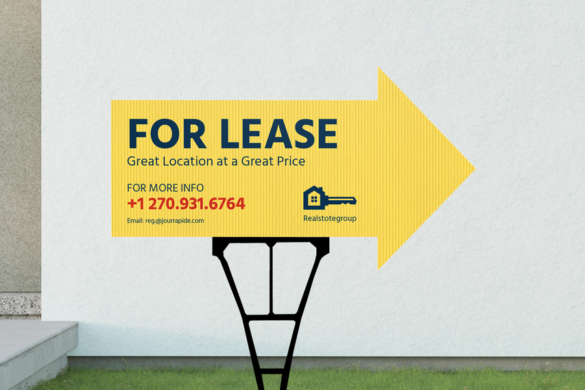 Yellow directional for lease yard sign