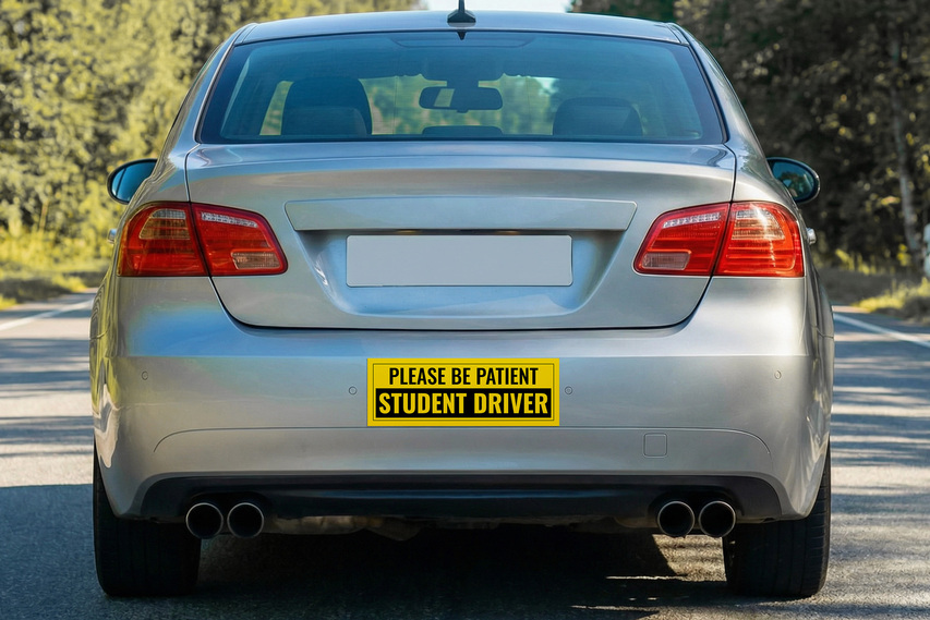 Yellow student driver warning bumper sticker
