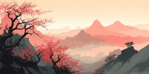 Blossoming Trees and Mountains at Dawn Sign Template