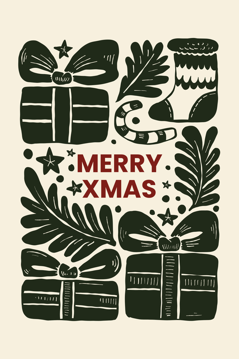 Merry Xmas Block Print Illustration Sign Template