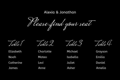 Modern Black Wedding Seating Chart Sign Template