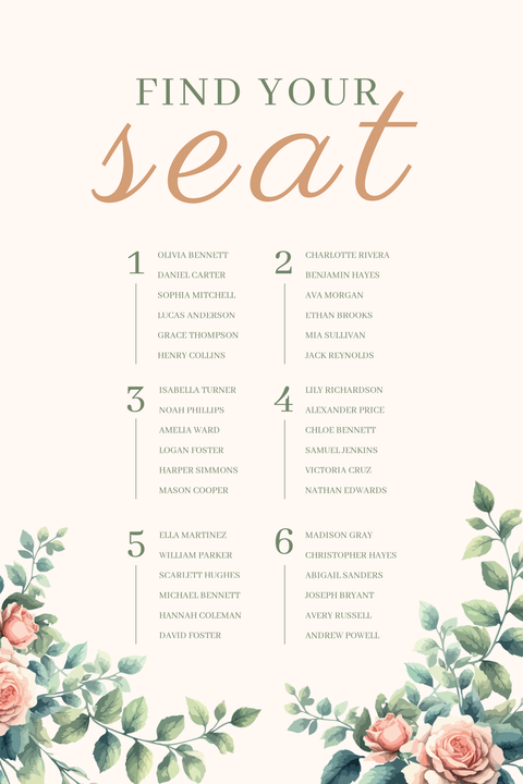 Garden Rose Wedding Seating Chart Sign Template