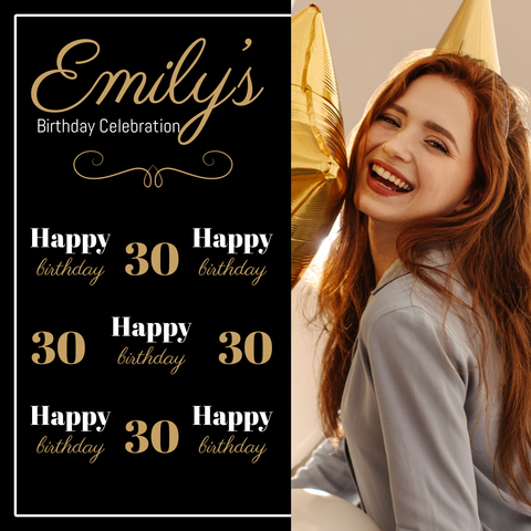 Black and Gold Thirtieth Birthday Backdrop Sign Template