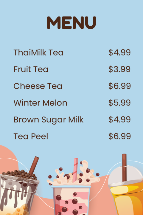 Cafe Bubble Tea Menu Sign Template