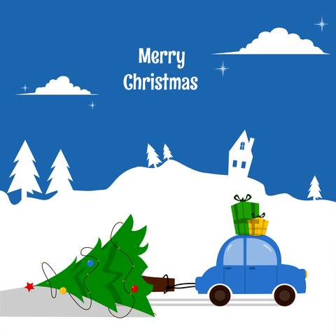 Blue Car Carrying Gifts and a Christmas Tree Sign Template