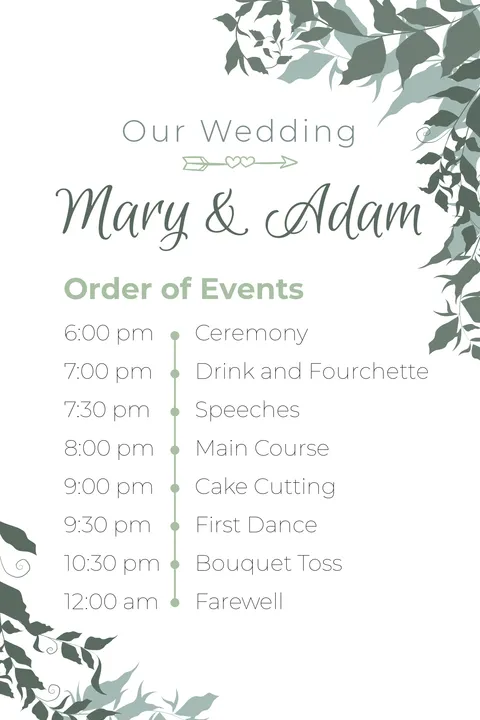Leafy Order of Wedding Events Sign Template
