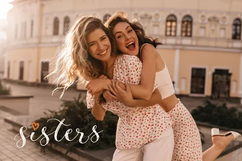 Two Smiling Sisters Hugging Photo Sign Template