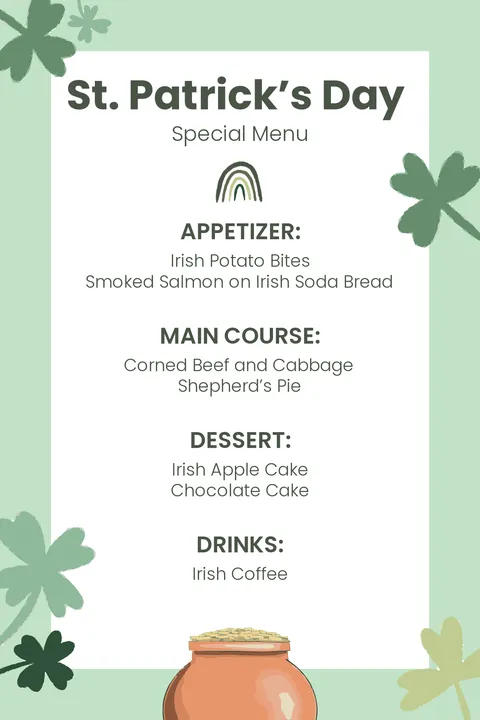 St. Patrick's Day Special Menu Sign Template