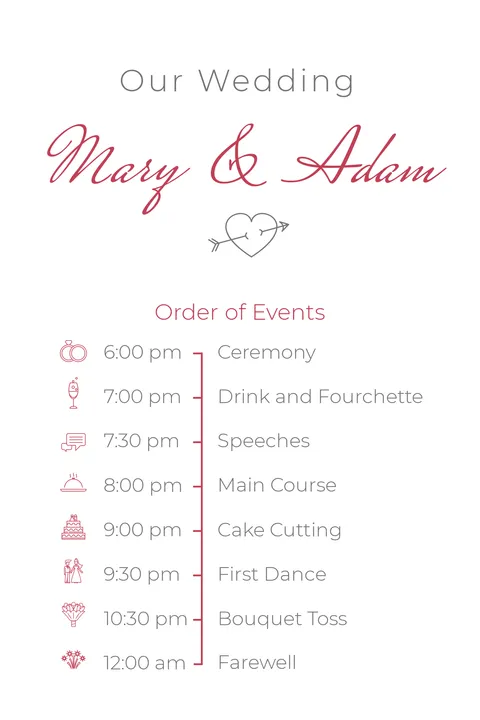 Couple Name Wedding Event Schedule List Sign Template