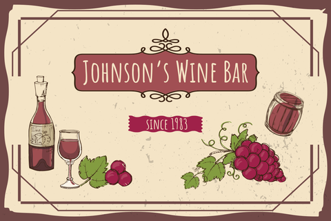 Wine Bottle, Glasses, Barrel, Grapes and Vines Sign Template