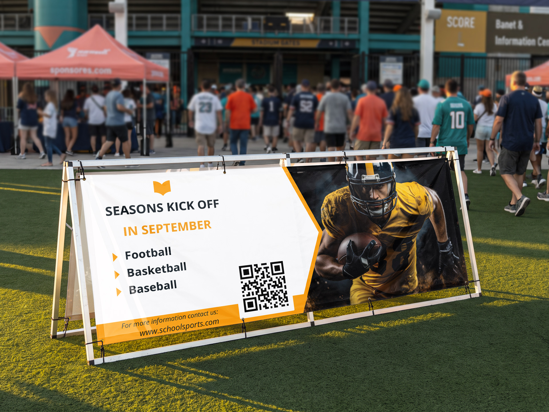 A-frame banner stand outside a stadium announcing the sports season kickoff.
