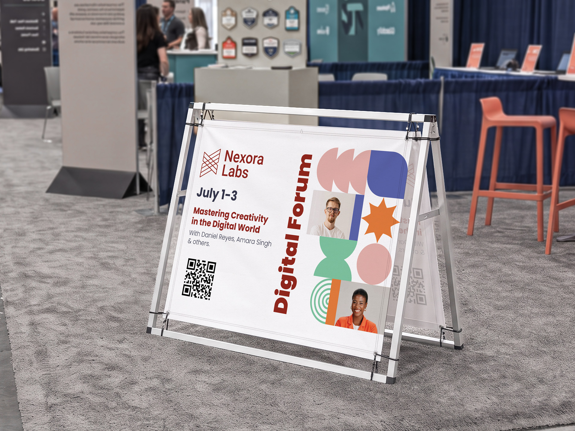 A-frame banner display promoting a forum event with speaker photos and a QR code.