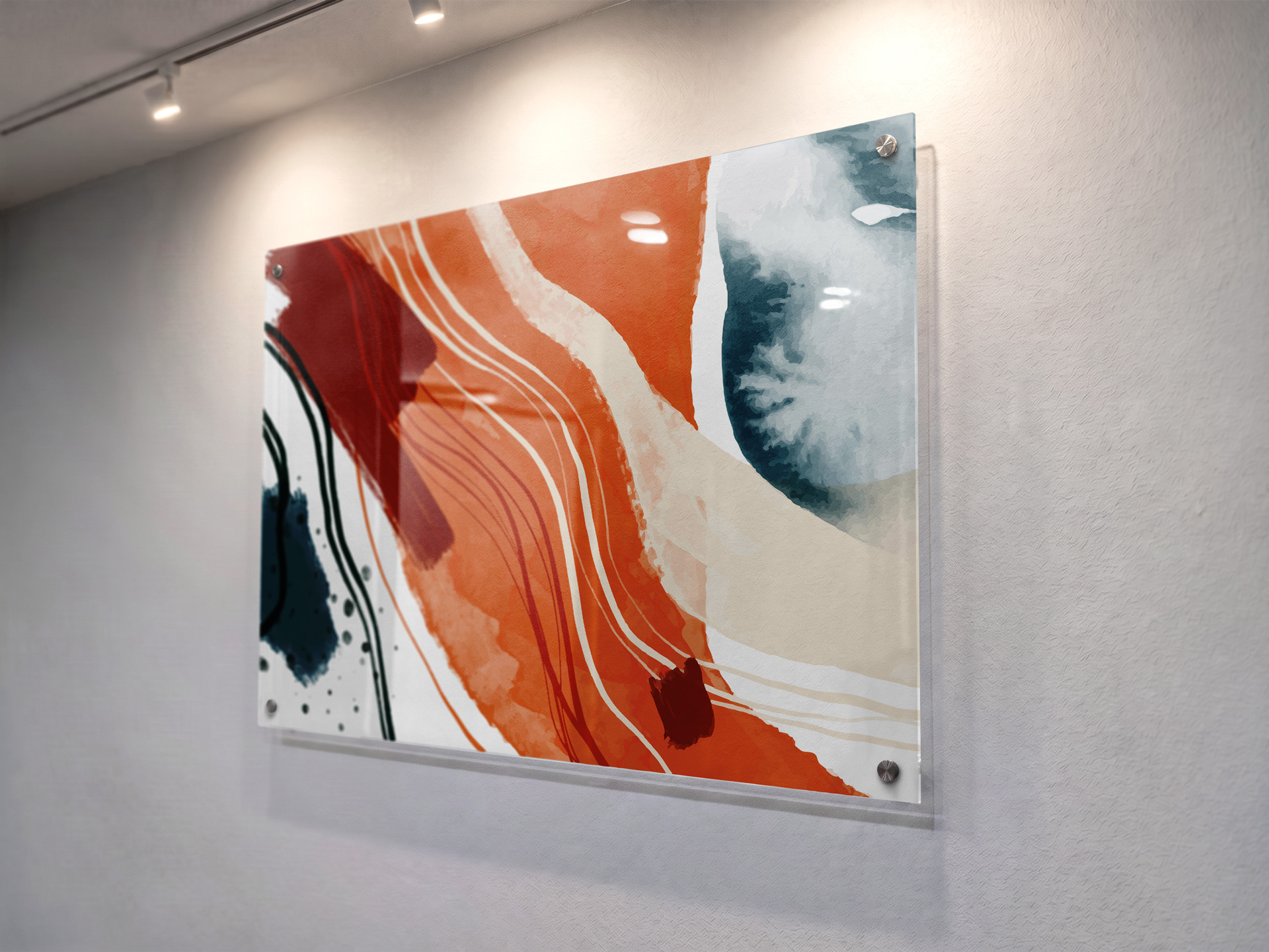 Wall-mounted large acrylic print showcasing abstract art.