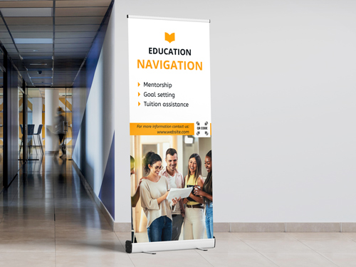 Educational retractable banner promoting mentorship, goal setting, and tuition assistance programs.