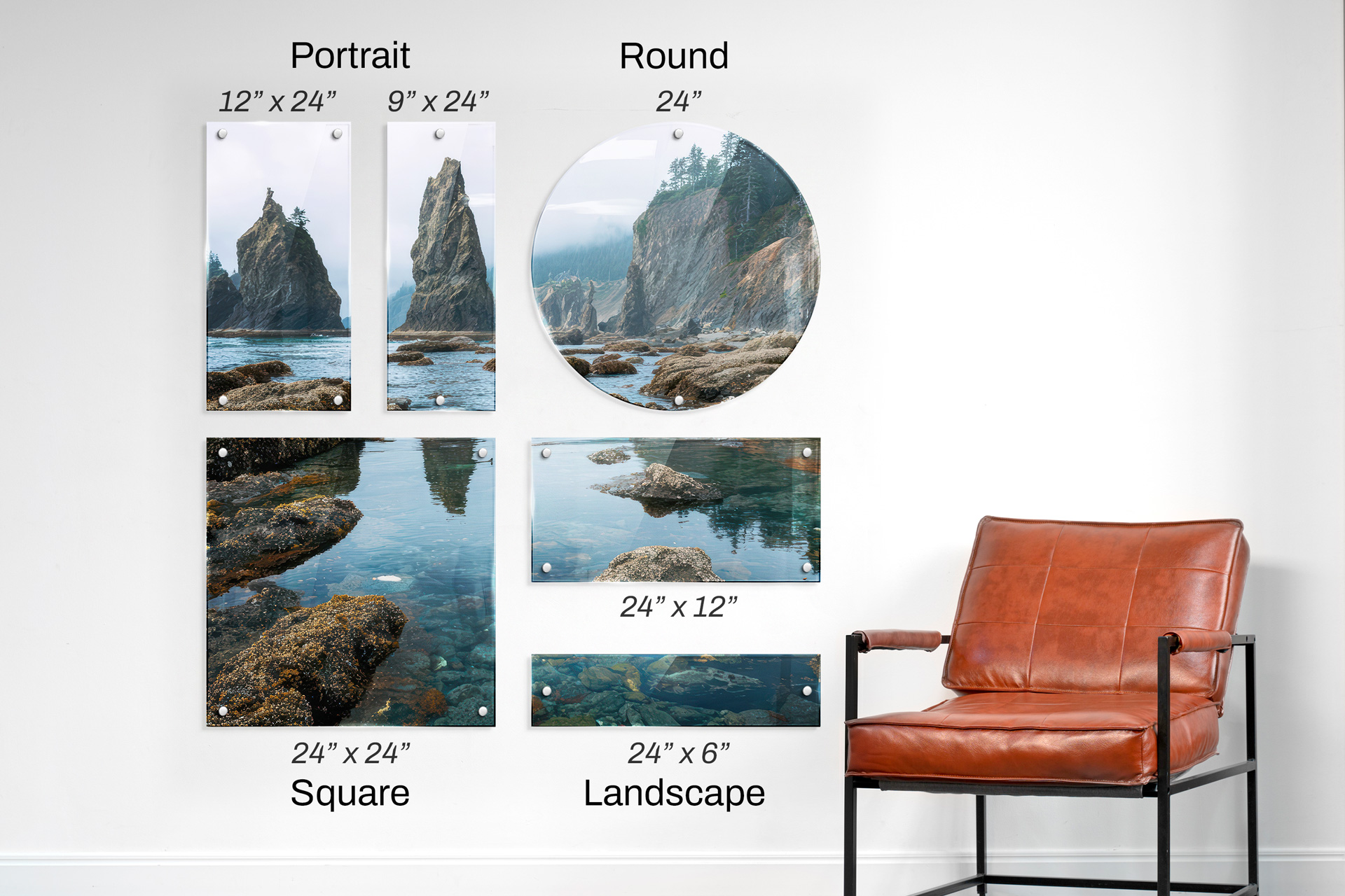 Portrait, round, square, and landscape acrylic photo prints mounted on a wall.