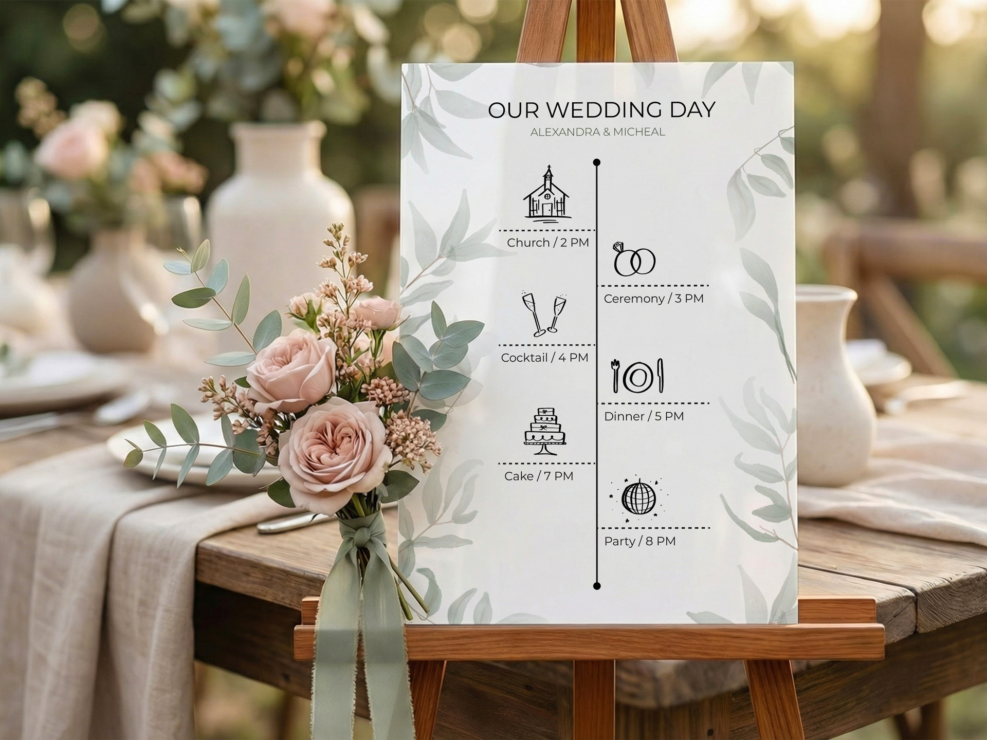 An acrylic photo print displaying the wedding day timeline.