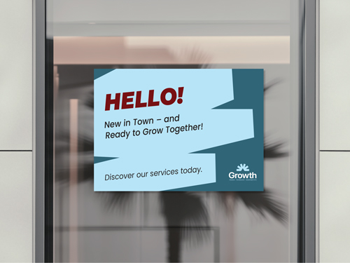 Welcoming window cling with an advertising text and company's name and logo.