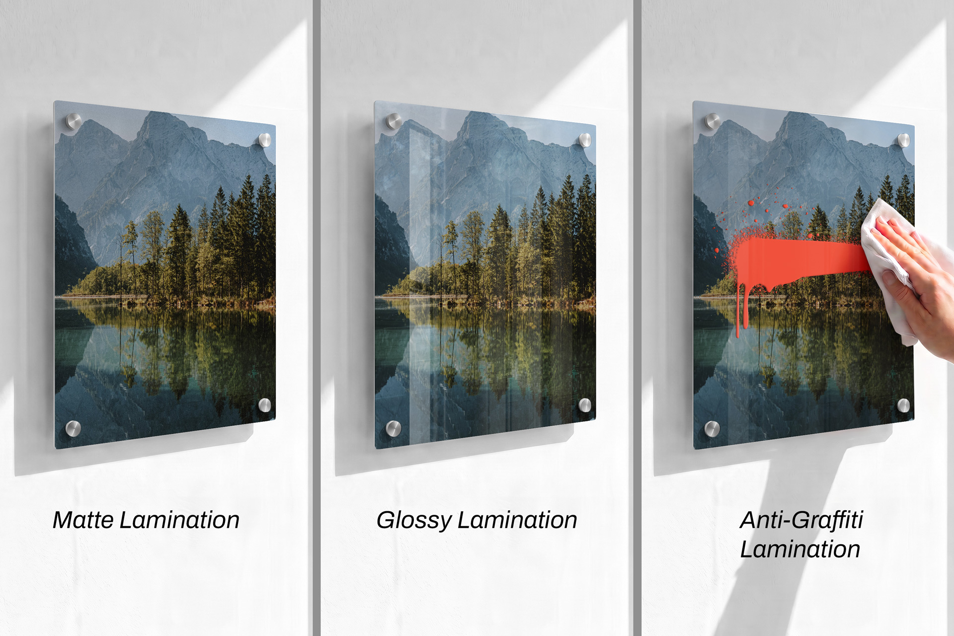 Matte, glossy and anti-graffiti lamination options for metal prints,