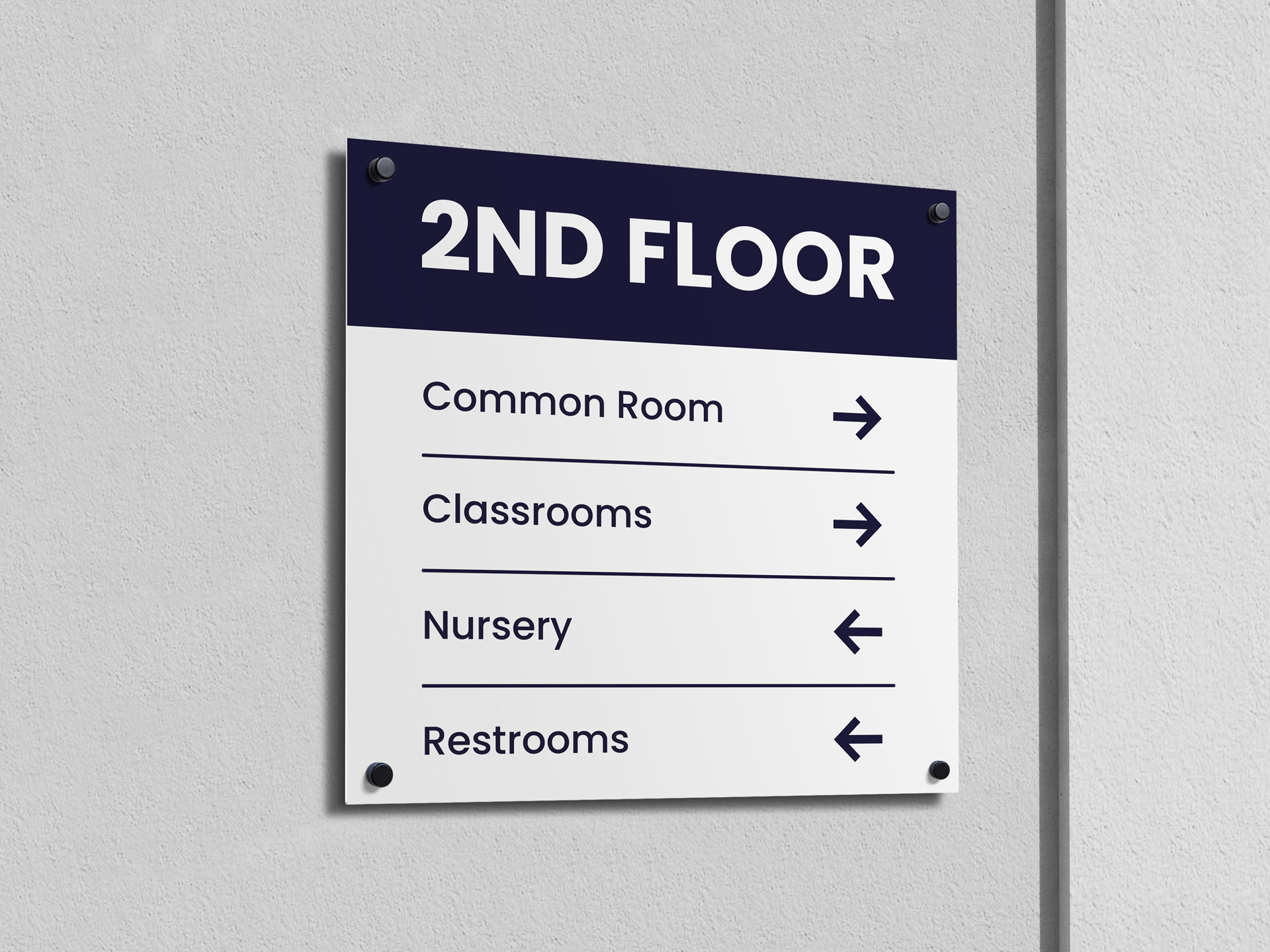 wall mounted aluminum wayfinding sign listing rooms and facilities