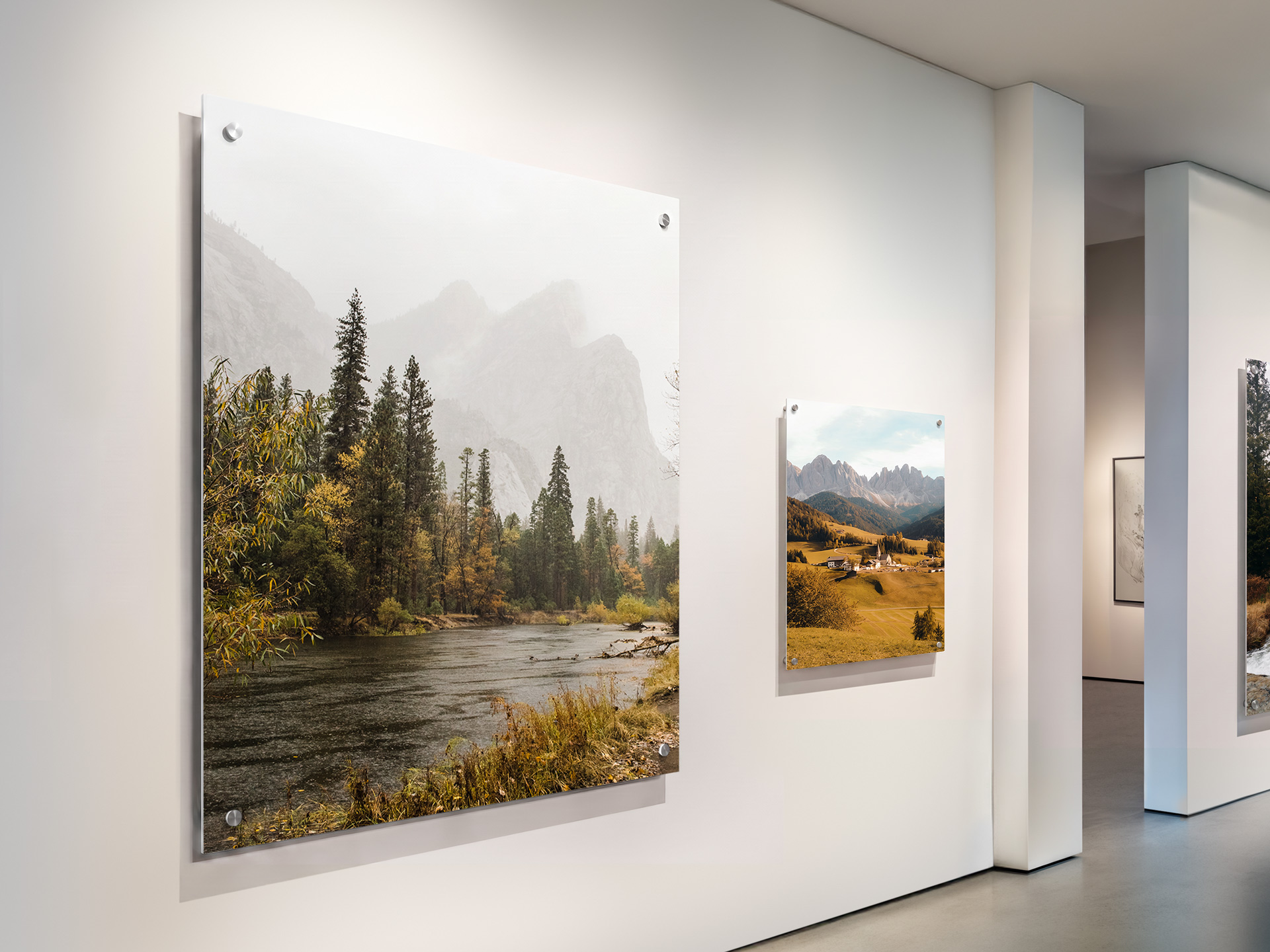 Large landscape metal prints installed at a gallery.